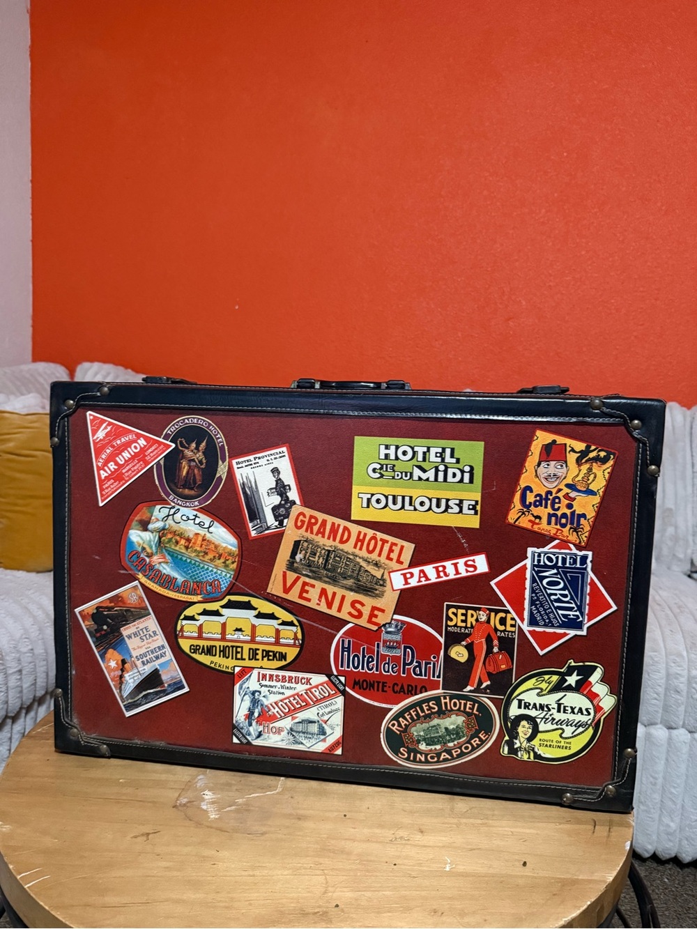 Vintage Travel Sticker Suitcase - Red with Black Trim